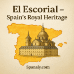 Aerial view of the Monastery of El Escorial surrounded by the Guadarrama Mountains in Spain.
