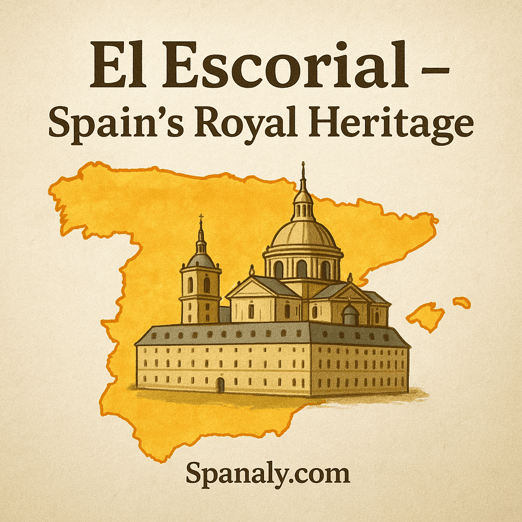 Aerial view of the Monastery of El Escorial surrounded by the Guadarrama Mountains in Spain.