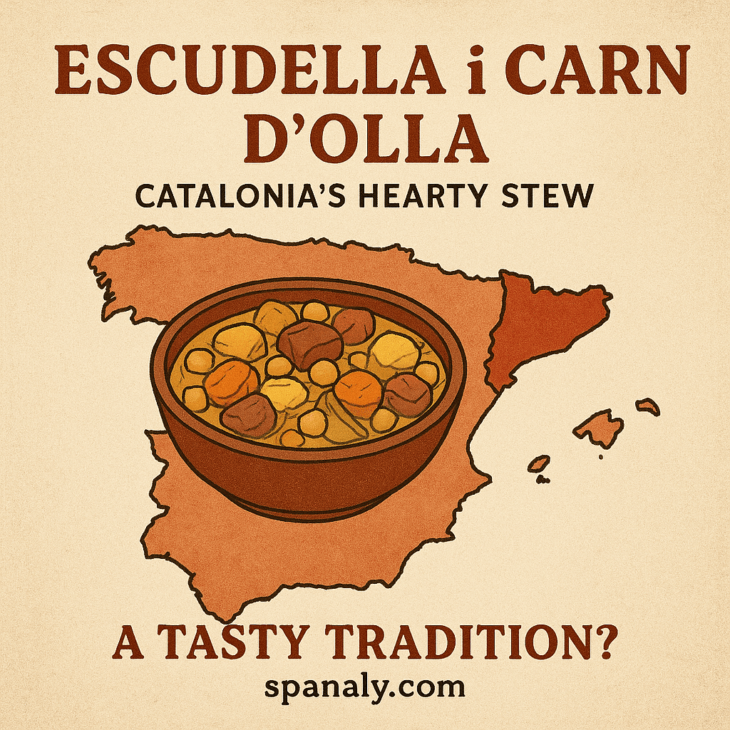 Escudella i Carn d'Olla recipe with Catalan stew in a bowl, highlighted on a map of Spain
