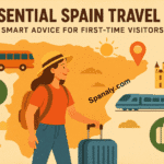 A traveler exploring Spain with suitcase and backpack, surrounded by icons of transport, food, landmarks, and a map of Spain — representing essential travel tips for first-time visitors.