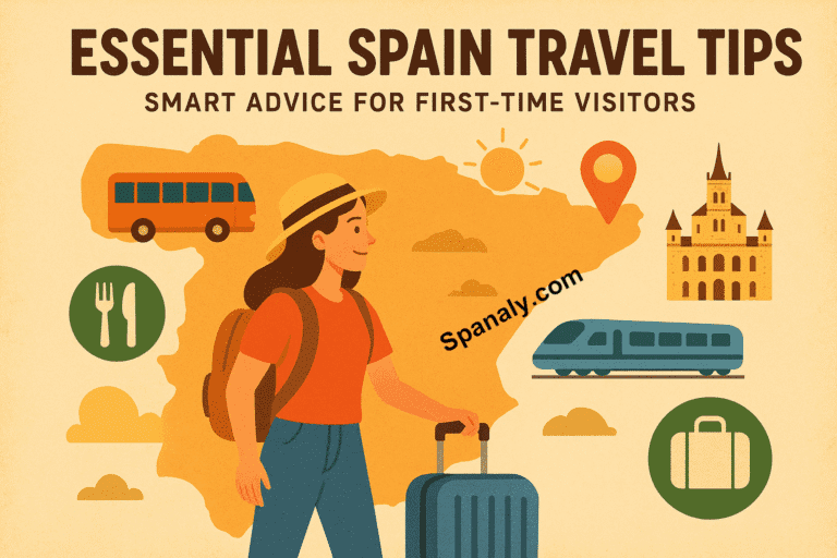 A traveler exploring Spain with suitcase and backpack, surrounded by icons of transport, food, landmarks, and a map of Spain — representing essential travel tips for first-time visitors.