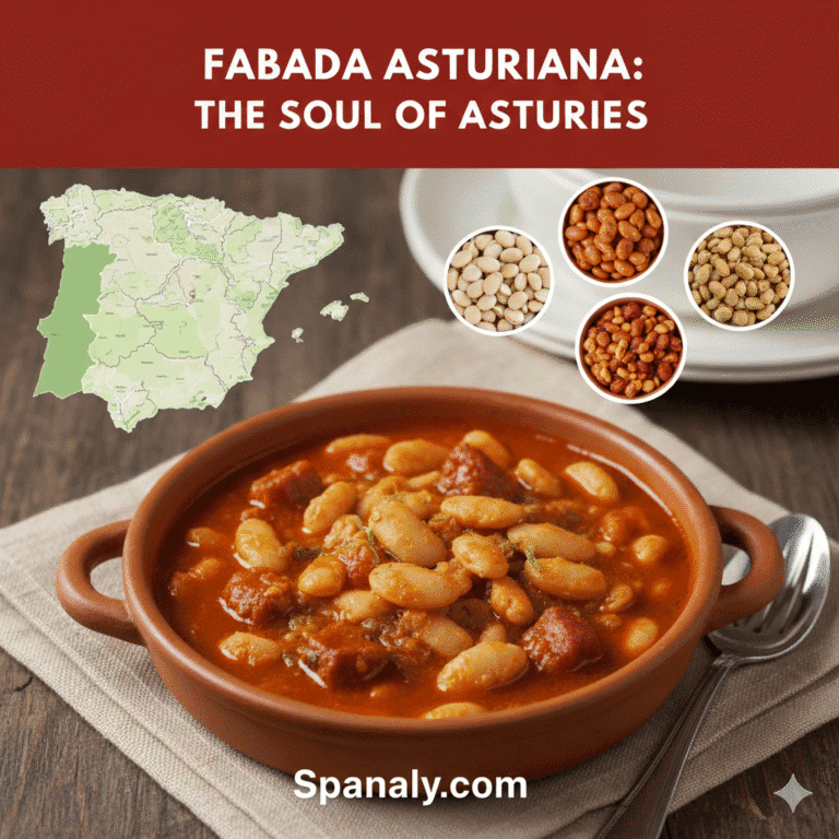 Promotional graphic for the "Fabada Asturiana: The Soul of Asturias" recipe guide by Spanaly.com. The design features a hearty illustration of the traditional Asturian white bean and pork stew (Fabada), set over a map of Spain in a deep, comforting culinary color. Four real, circular inset photos showcase the ingredients: Faba de la Granja beans, chorizo and morcilla sausages, and a steaming bowl of the final rich dish.