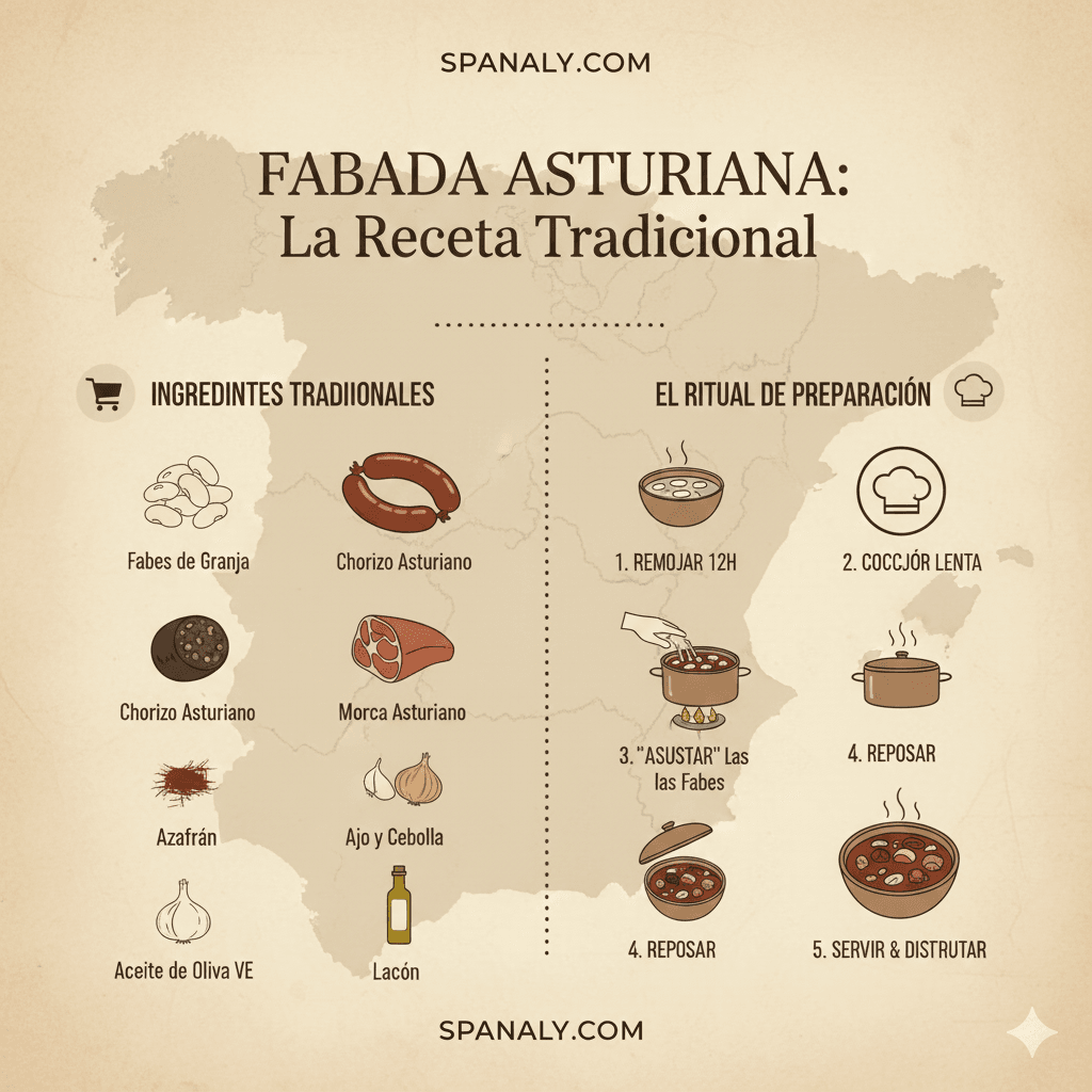 Detailed infographic of authentic Fabada Asturiana recipe showing ingredients like Fabes de la Granja beans, chorizo, and morcilla with a 5-step preparation guide on a rustic background featuring the map of Spain - Spanaly.