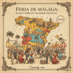 Vibrant summer atmosphere of the Feria de Málaga in Spain, featuring women in colorful flamenco dresses, traditional horse-drawn carriages, and the iconic white Biznaga jasmine flowers, set against the historic city center and festive decorations. Image by Spanaly.com.