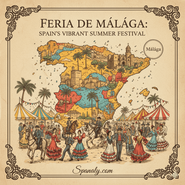 Vibrant summer atmosphere of the Feria de Málaga in Spain, featuring women in colorful flamenco dresses, traditional horse-drawn carriages, and the iconic white Biznaga jasmine flowers, set against the historic city center and festive decorations. Image by Spanaly.com.