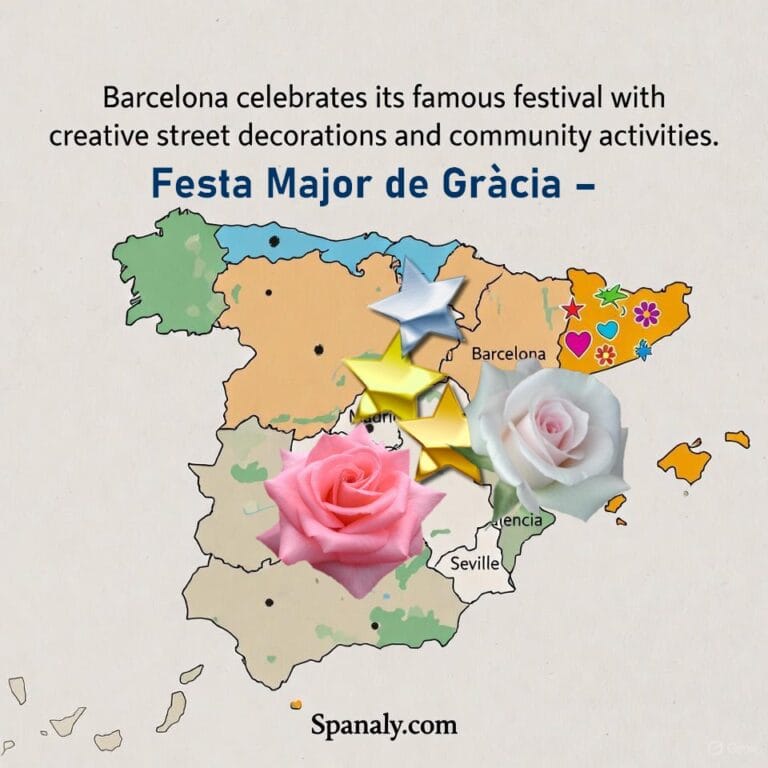 A uniform-colored map of Spain with a clear marker for Barcelona, large festival symbols in the center representing Festa Major de Gràcia (hearts, stars, flowers, music notes), a short phrase at the top: "Festa Major de Gràcia Barcelona", and the website "Spanaly.com" at the bottom.