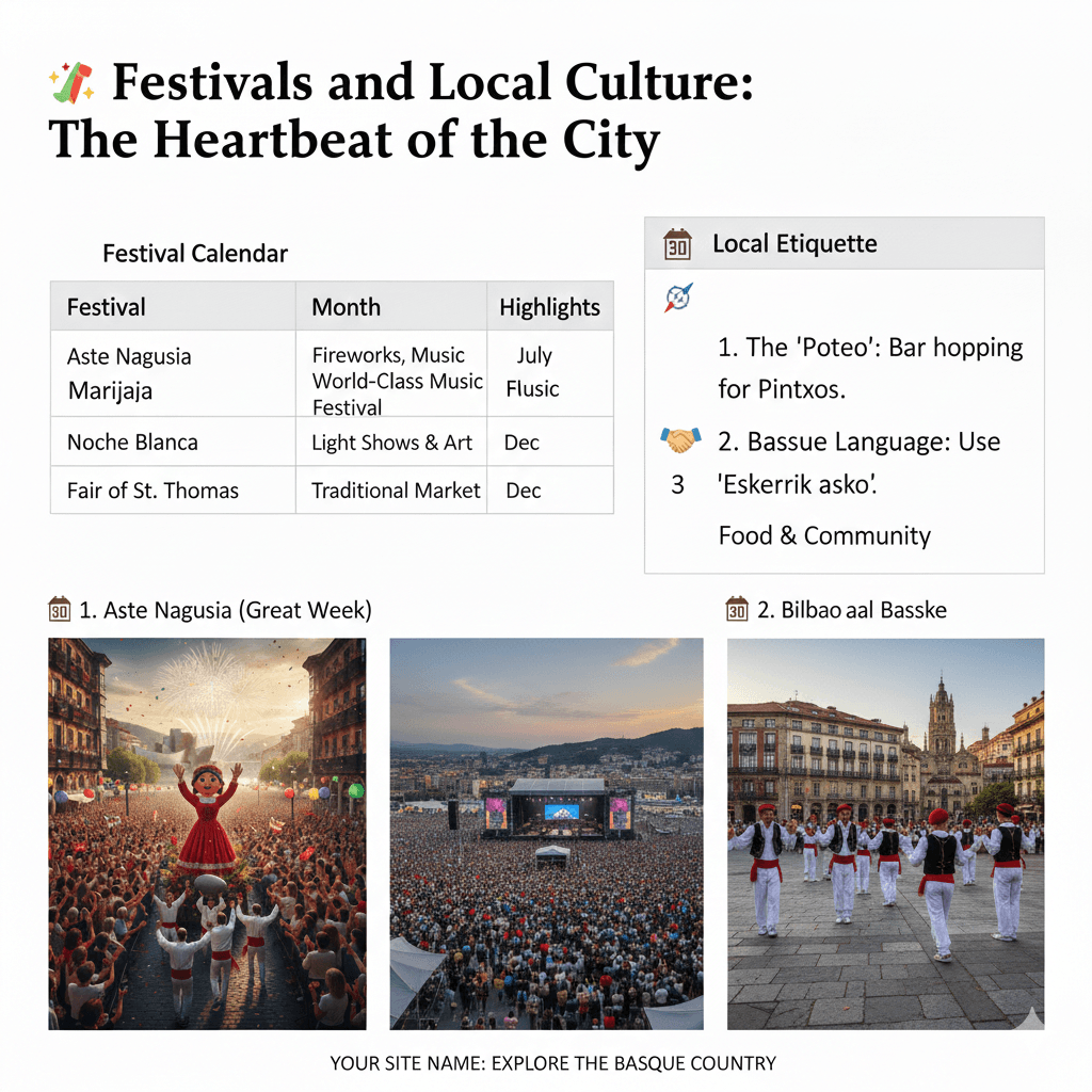 Bilbao Festivals and Local Culture guide featuring Aste Nagusia celebrations, traditional Basque Marijaia mascot, and outdoor cultural events in Spain
