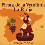 Illustrated map of Spain showing a woman stomping grapes during the Fiesta de la Vendimia in La Rioja, symbolizing Spain’s traditional wine harvest — Spanaly.com