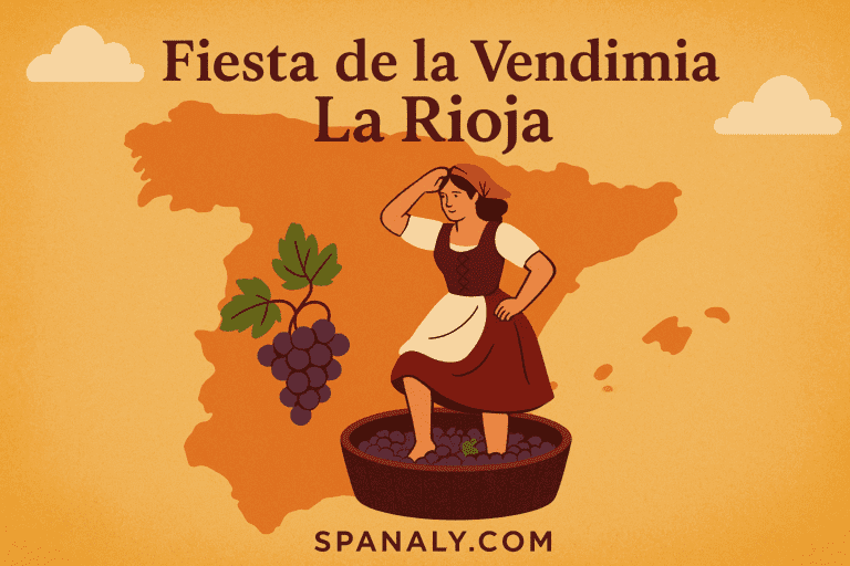 Illustrated map of Spain showing a woman stomping grapes during the Fiesta de la Vendimia in La Rioja, symbolizing Spain’s traditional wine harvest — Spanaly.com