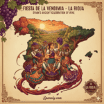 Creative map of Spain highlighting La Rioja, featuring traditional symbols of the Fiesta de la Vendimia (Grape Harvest Festival) including oak barrels, baskets of fresh grapes, and folk dancers in local costumes. Authentic Spanish wine heritage illustration by Spanaly.com.