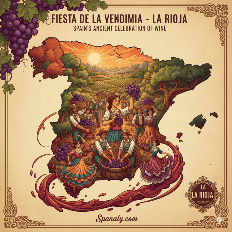 Creative map of Spain highlighting La Rioja, featuring traditional symbols of the Fiesta de la Vendimia (Grape Harvest Festival) including oak barrels, baskets of fresh grapes, and folk dancers in local costumes. Authentic Spanish wine heritage illustration by Spanaly.com.