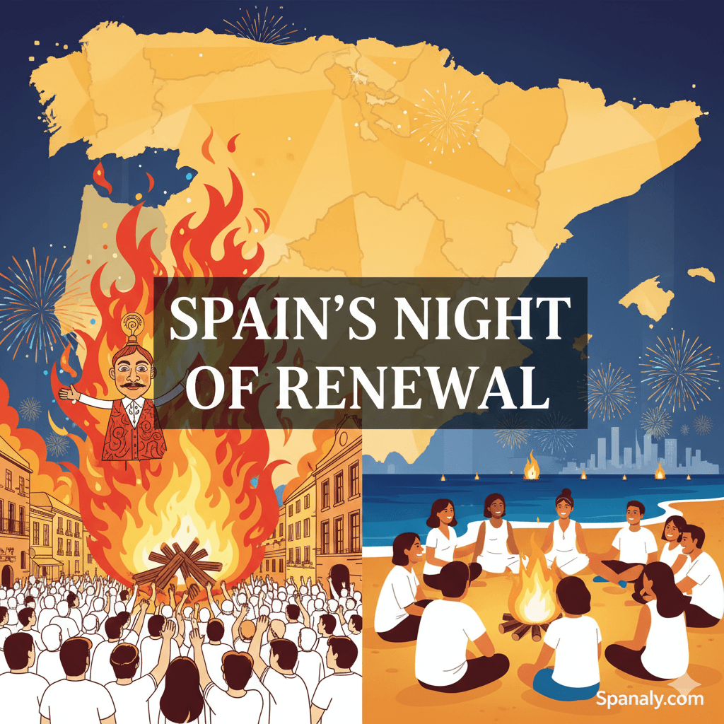 Artistic illustration of Fiestas de San Juan in Spain featuring Alicante bonfires, Barcelona beach celebration, and a stylized map for Spanaly.com