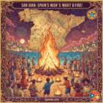 Atmospheric illustration of the Fiestas de San Juan in Spain, featuring crowds gathered around glowing beach bonfires at night, people jumping over flames, and fireworks reflecting over the Mediterranean sea, capturing the magical "Night of Fire" tradition. Image by Spanaly.com.