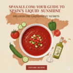 Authentic Gazpacho Andaluz recipe illustration with fresh ingredients and Spanish traditional soup bowl for Spanaly.com