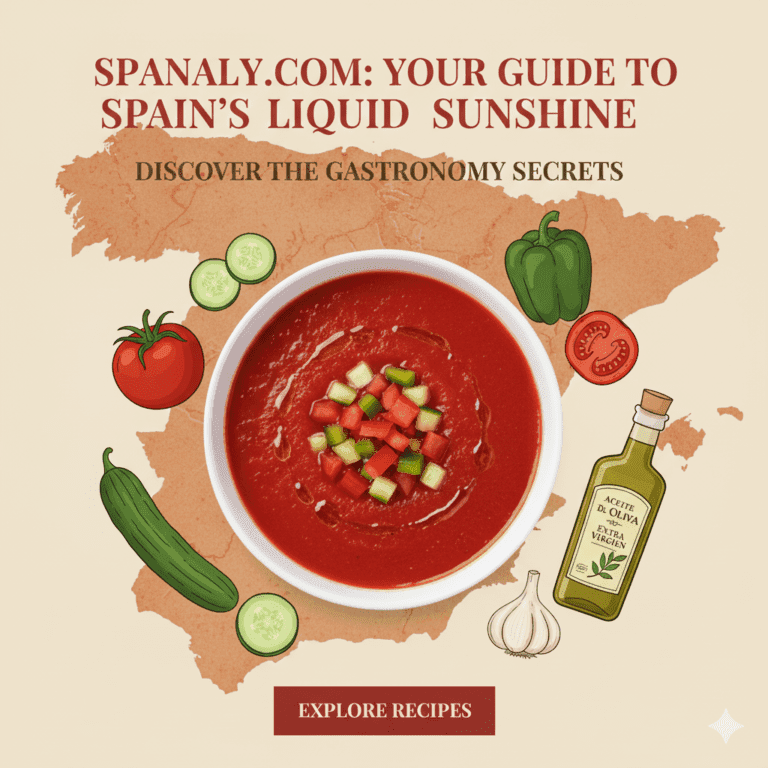 Authentic Gazpacho Andaluz recipe illustration with fresh ingredients and Spanish traditional soup bowl for Spanaly.com
