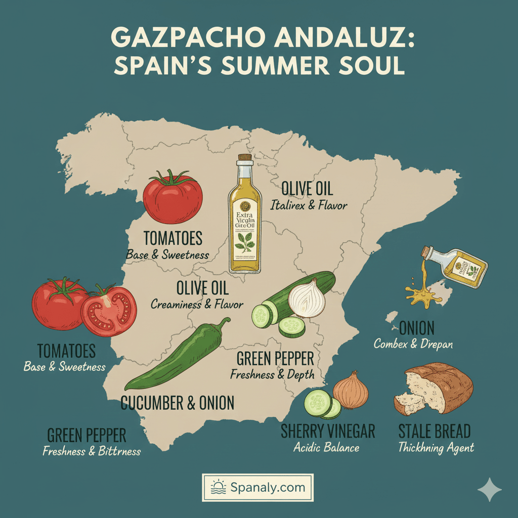 Visual guide to Gazpacho Andaluz ingredients including tomatoes, olive oil, and peppers over a map of Spain for Spanaly.com