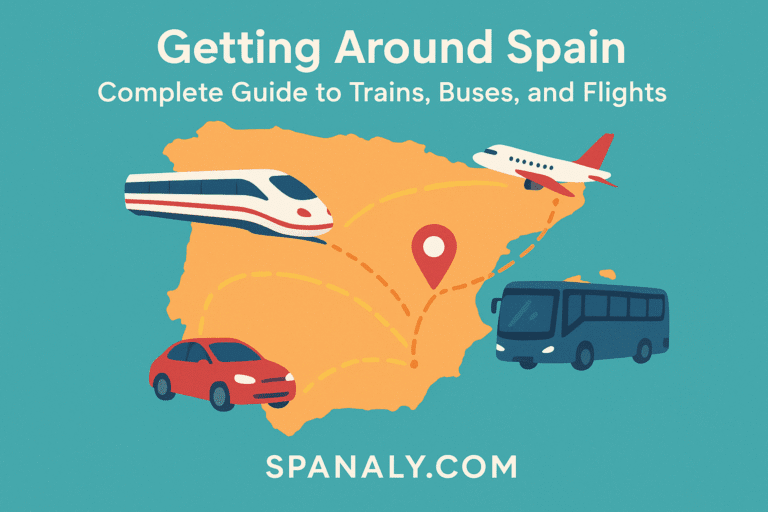 Map of Spain showing major train routes, bus lines, and domestic flight connections