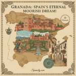 Vibrant composite map of Spain highlighting Granada in Andalusia, featuring the majestic Alhambra Palace and its intricate Nasrid architecture, alongside symbols of Moorish heritage and the Sierra Nevada mountains. Image for the Granada travel guide by Spanaly.com.