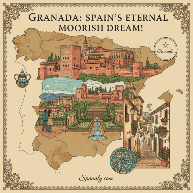Vibrant composite map of Spain highlighting Granada in Andalusia, featuring the majestic Alhambra Palace and its intricate Nasrid architecture, alongside symbols of Moorish heritage and the Sierra Nevada mountains. Image for the Granada travel guide by Spanaly.com.