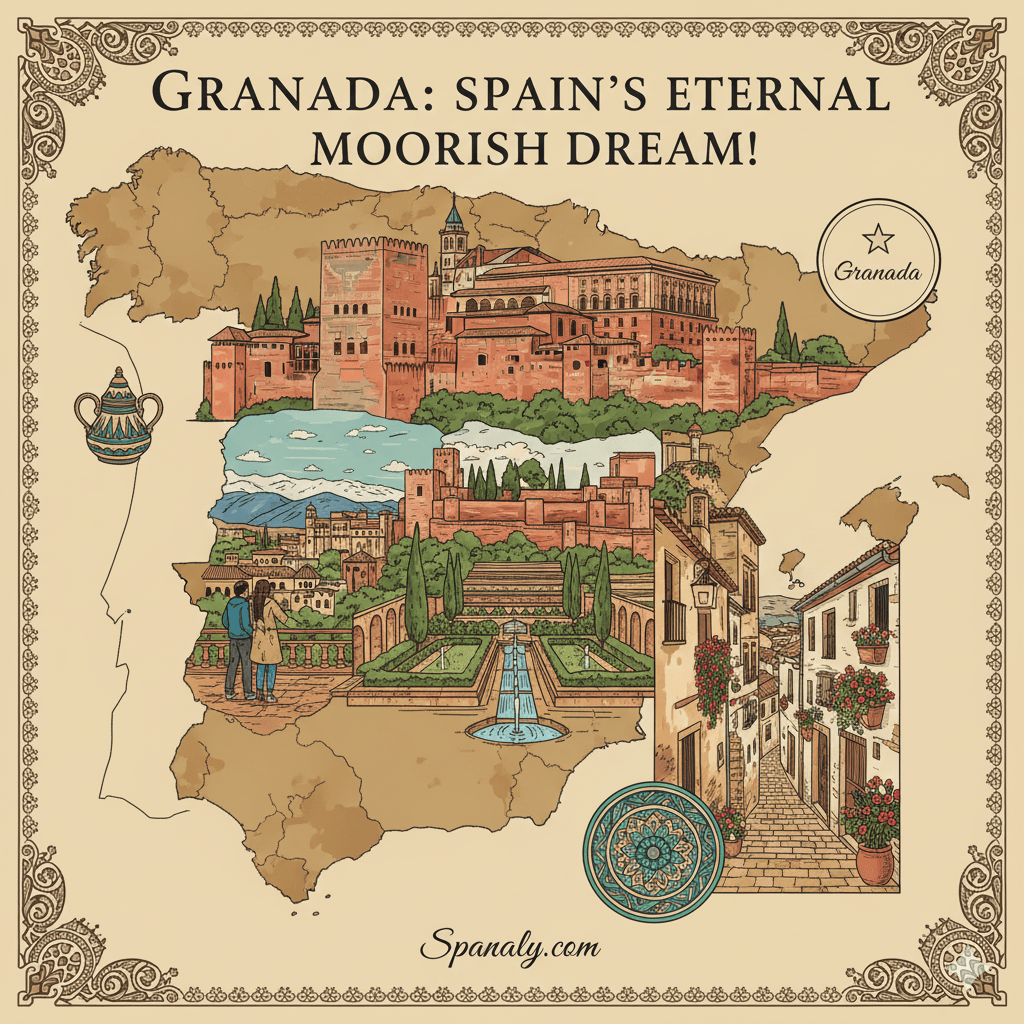 Vibrant composite map of Spain highlighting Granada in Andalusia, featuring the majestic Alhambra Palace and its intricate Nasrid architecture, alongside symbols of Moorish heritage and the Sierra Nevada mountains. Image for the Granada travel guide by Spanaly.com.