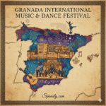 Creative map of Spain highlighting Granada, featuring elegant symbols of classical music and ballet dancers set against the backdrop of the Alhambra Palace gardens. Artistic illustration for the Granada International Music and Dance Festival by Spanaly.com.