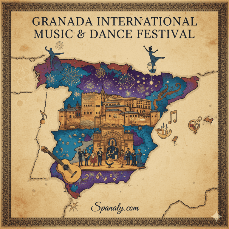 Creative map of Spain highlighting Granada, featuring elegant symbols of classical music and ballet dancers set against the backdrop of the Alhambra Palace gardens. Artistic illustration for the Granada International Music and Dance Festival by Spanaly.com.