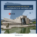 Guggenheim Museum Bilbao architectural masterpiece in Spain with map background and Spanaly.com logo