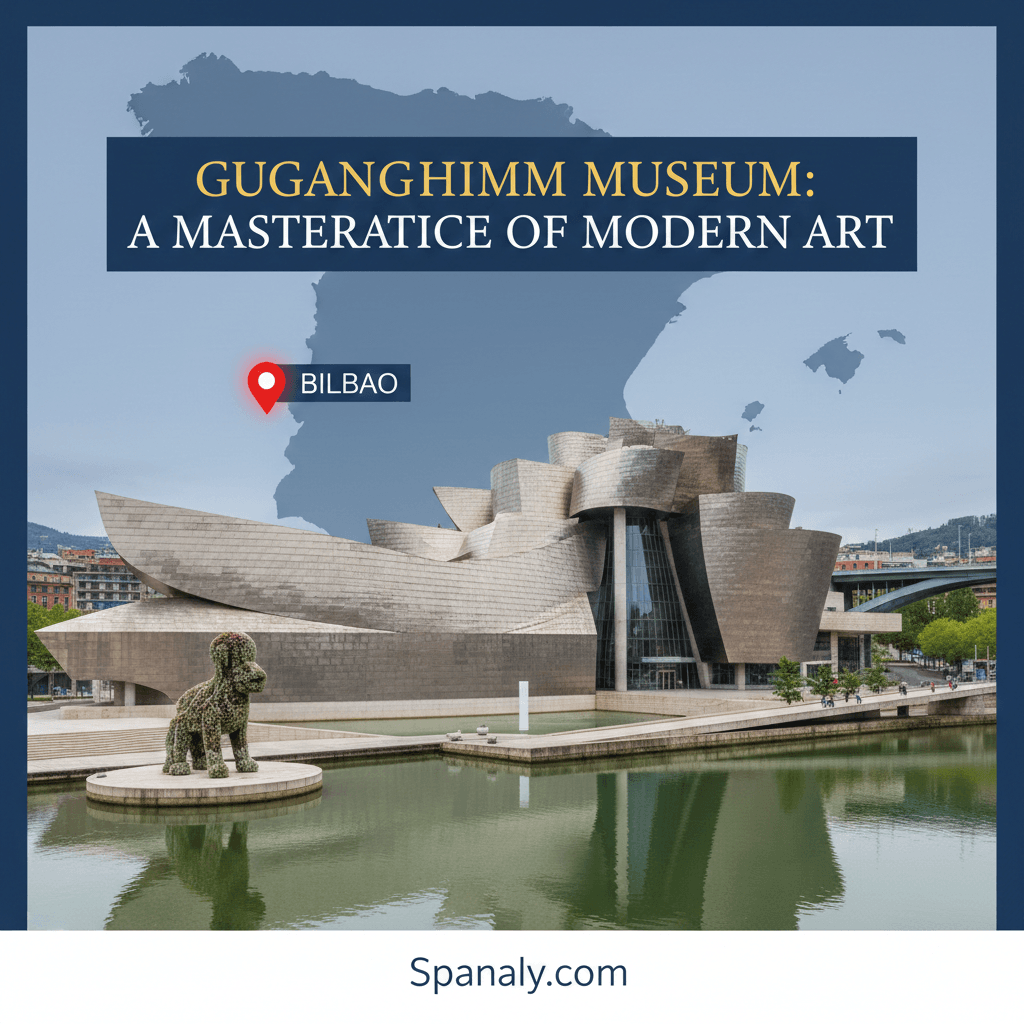 Guggenheim Museum Bilbao architectural masterpiece in Spain with map background and Spanaly.com logo