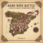 Vibrant map of Spain highlighting Haro in La Rioja, featuring symbols of the Wine Battle (Batalla del Vino) with purple wine splashes, traditional boots, and vineyards. Energetic cultural festival illustration by Spanaly.com.