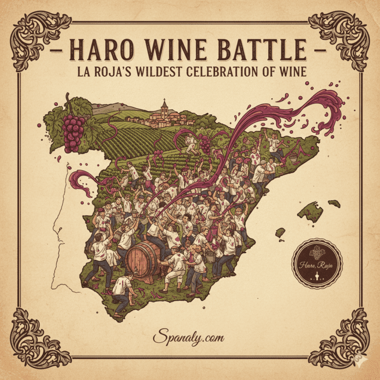 Vibrant map of Spain highlighting Haro in La Rioja, featuring symbols of the Wine Battle (Batalla del Vino) with purple wine splashes, traditional boots, and vineyards. Energetic cultural festival illustration by Spanaly.com.