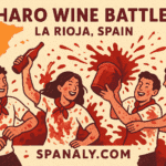 People covered in red wine during the Haro Wine Battle in La Rioja, Spain