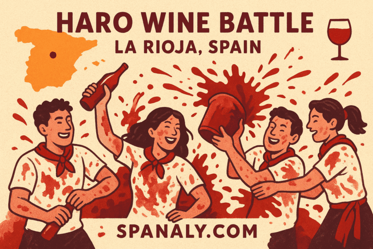 People covered in red wine during the Haro Wine Battle in La Rioja, Spain