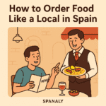 Illustration of a traveler ordering food from a waiter at a Spanish restaurant, symbolizing how to order food like a local in Spain — Spanaly.com