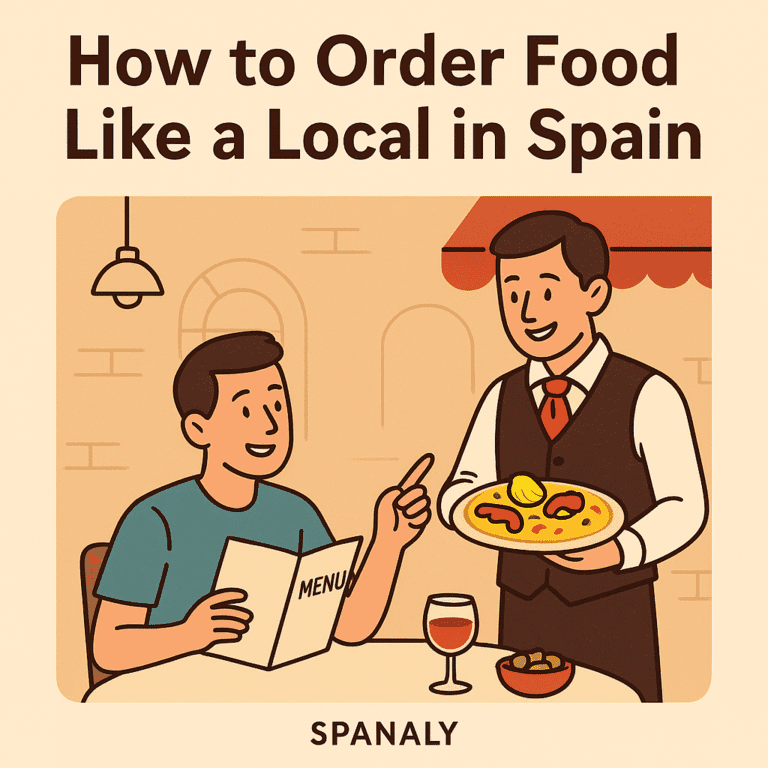Illustration of a traveler ordering food from a waiter at a Spanish restaurant, symbolizing how to order food like a local in Spain — Spanaly.com