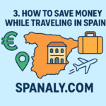 Map of Spain with budget travel icons highlighting tips to save money while exploring