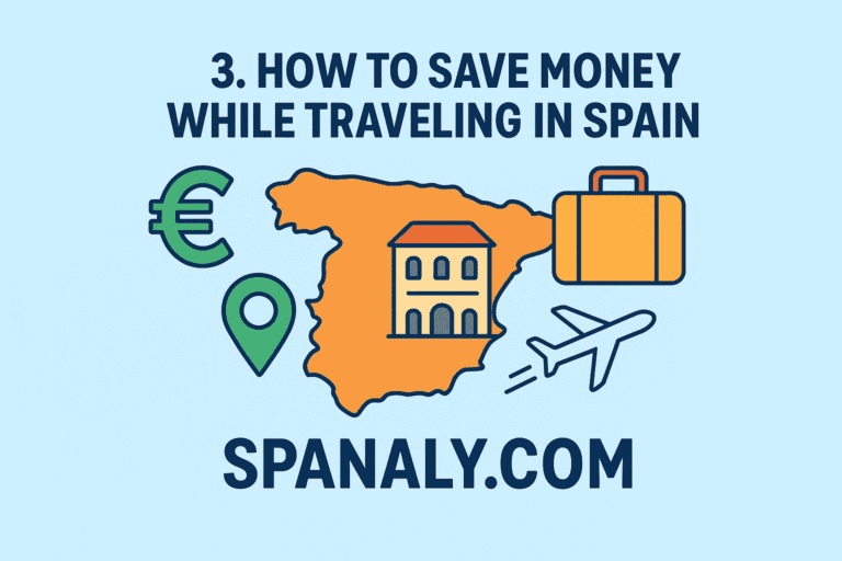 Map of Spain with budget travel icons highlighting tips to save money while exploring