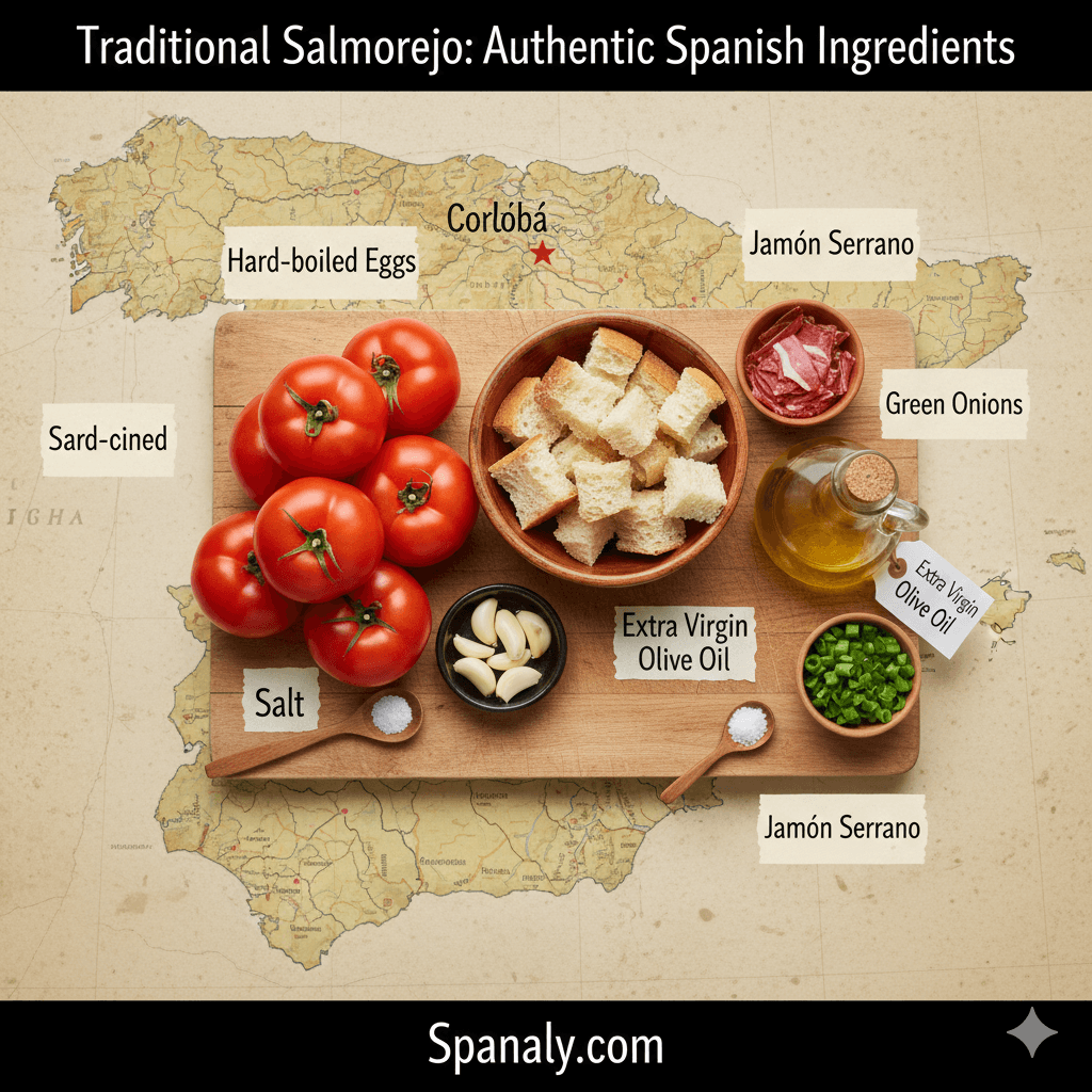 Ingredients for authentic Spanish Salmorejo, a cold tomato soup, displayed on a board over a map of Spain. Featured ingredients include ripe tomatoes, stale bread, garlic, and extra virgin olive oil, with website branding: Spanaly.com.