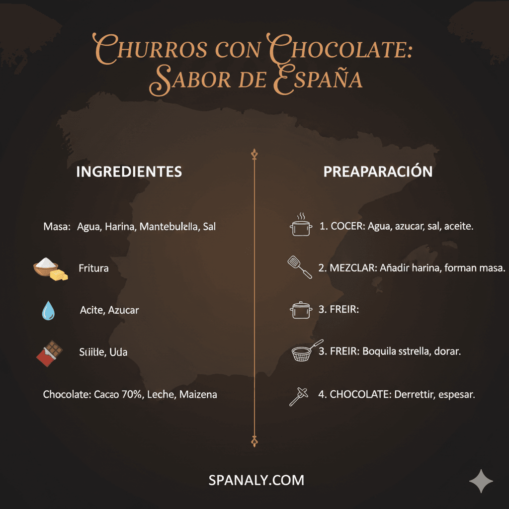 Infographic of authentic Spanish Churros con Chocolate recipe featuring ingredients and step-by-step preparation guide over a map of Spain - Spanaly