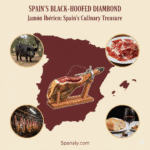 Promotional graphic for the "Jamón Ibérico: Spain’s Culinary Treasure" guide by Spanaly.com. The design features a premium illustration of an expertly sliced Jamón Ibérico leg over a map of Spain, utilizing a rich, distinct color palette suitable for a luxury culinary product. Four real, circular inset photos highlight the essential elements: the black Iberian pig, the curing process, the thin slices of ham, and the final presentation.