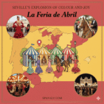 Promotional graphic for the "La Feria de Abril – Seville’s Iconic Spring Fair" guide by Spanaly.com. The design features a colorful illustration of the festive Seville fair, including flamenco elements and traditional casetas, set against a light, muted background map of Spain. Four real, circular inset photos showcase the vibrant atmosphere, traditional traje de flamenca costumes, and horse riding during the April Fair.