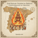 Vibrant illustration of the Las Fallas Festival in Valencia, Spain, featuring towering artistic sculptures (Ninots), fireworks, and a festive atmosphere with the city's historic architecture in the background, symbolizing the traditional celebration of fire and art. Image by Spanaly.com.