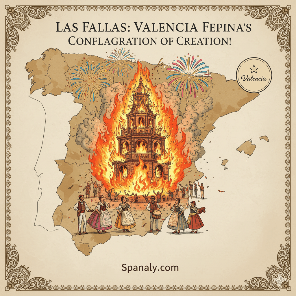 Giant wooden figures burning during Las Fallas festival in Valencia - Massive fire sculptures