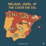 Illustrated map of Spain highlighting Malaga as the jewel of Costa del Sol, featuring landmarks like Alcazaba, sun and beach icons, with the title Malaga: Jewel of the Costa del Sol and spanaly.com