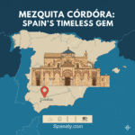 Majestic Mezquita de Córdoba architecture illustration on a map of Spain, featuring the iconic arches and bell tower by Spanaly.com