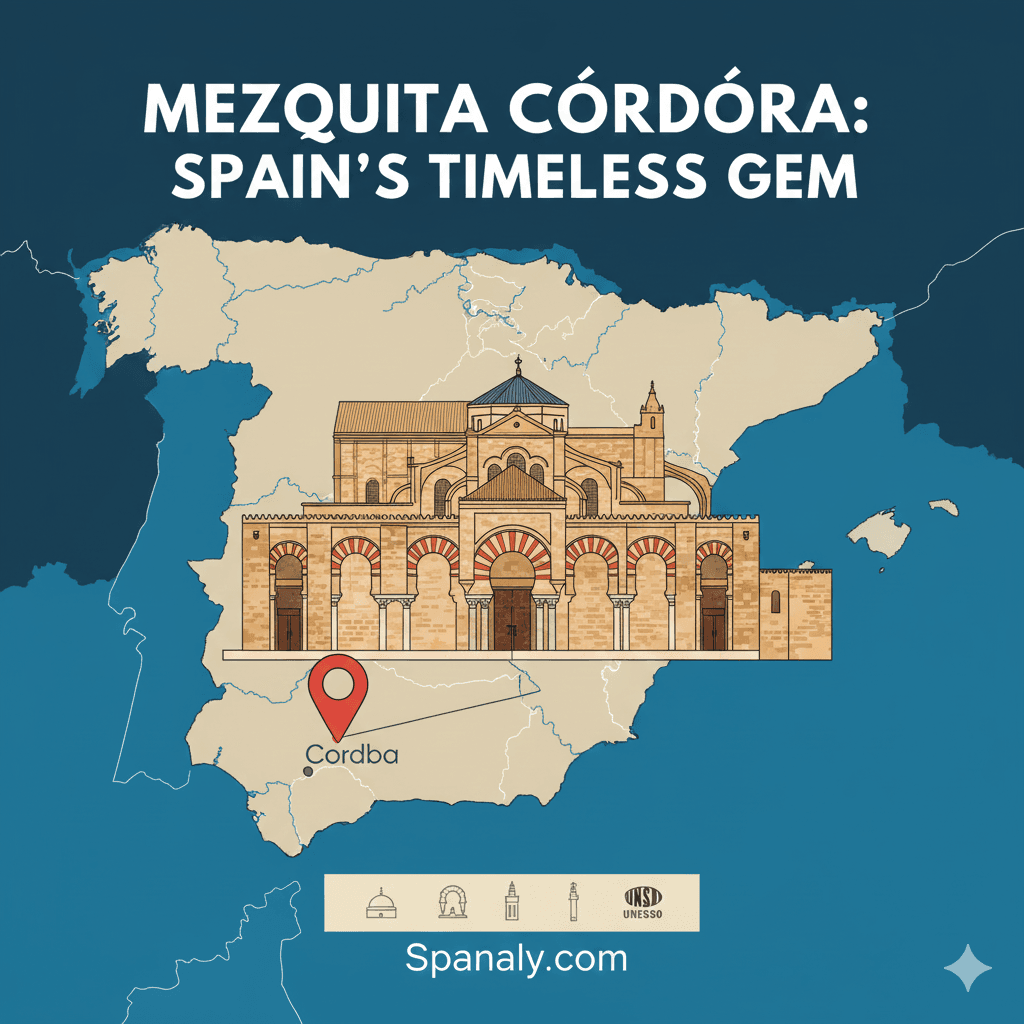 Majestic Mezquita de Córdoba architecture illustration on a map of Spain, featuring the iconic arches and bell tower by Spanaly.com