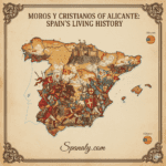 Creative map of Spain highlighting Alicante, featuring large symbols of the Moros y Cristianos festival including medieval knights, Moorish warriors in ornate costumes, and Santa Barbara Castle. Artistic living history illustration by Spanaly.com.