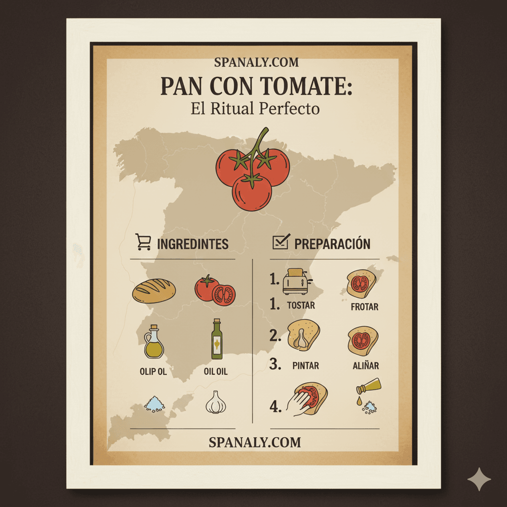 Infographic showing how to make Pan con Tomate: 5 steps including toasting rustic bread, rubbing garlic and tomato, and drizzling olive oil with sea salt on a bright Mediterranean background - Spanaly.