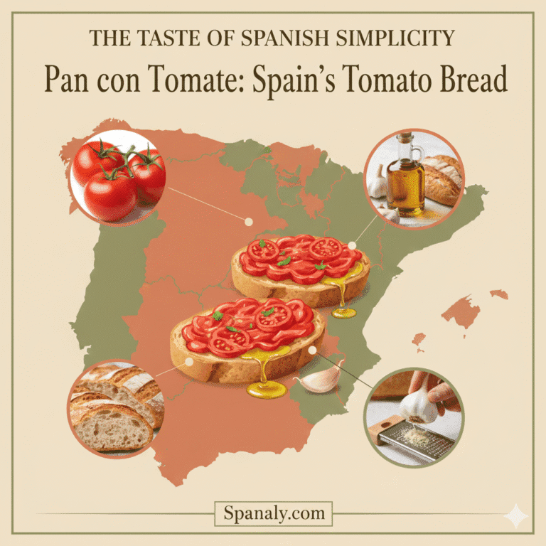 Promotional graphic for the "Pan con Tomate: Spain’s Iconic Tomato Bread" recipe guide by Spanaly.com. The design features an attractive illustration of toasted bread rubbed with fresh tomato, garlic, and olive oil, set over a Spanish map in a distinct, fresh color palette (e.g., rustic red and olive green). Four real, circular inset photos showcase the essential ingredients and the final, appealing tapa presentation.