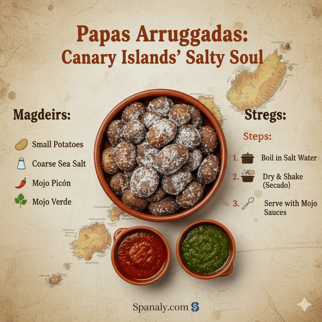Authentic Papas Arrugadas recipe infographic showing wrinkled salt-crusted potatoes with Mojo Picón sauce, featuring a map of the Canary Islands and cooking steps for Spanaly