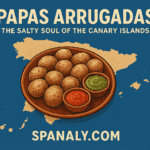 Traditional Papas Arrugadas with red and green Mojo sauce served in a rustic Canarian restaurant — Spanaly.com